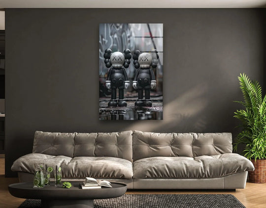 Two black Kaws figures are depicted in a famous painting as glass wall art with an urban theme and a modern artistic decor style for sophisticated walls