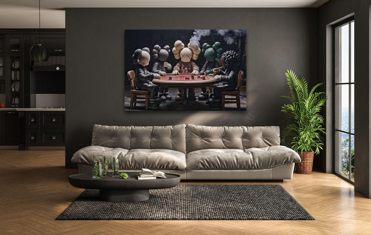 Kaws playing poker on glass wall art with organic figures and bold home decoration.