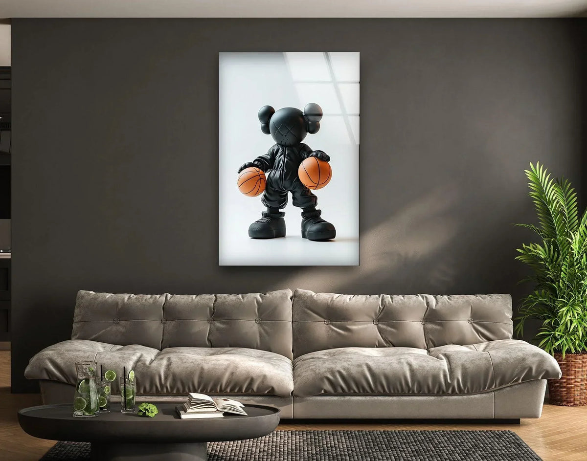 Kaws basketball glass art painting showcases a subtle layering effect of light and shadow on the figure and surrounding space.