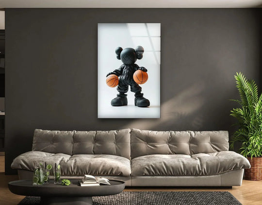Kaws Basketball glass wall art shows a playful cartoon figure holding basketballs and the vibrant pop artwork is vivid decor on a wall
