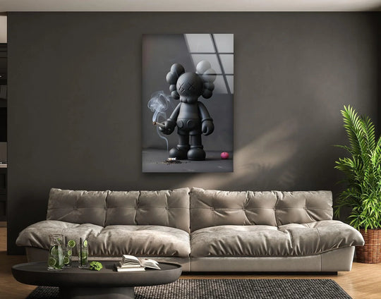 The Kaws smoking famous paintings glass wall art features a cartoon art figure smoking and is a bold artistic decor choice for modern interiors