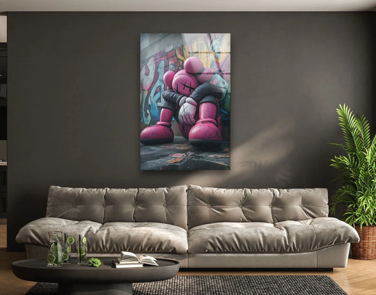 Sad Purple Kaws glass wall art shows a graffiti art motif and brings urban emotion decor plus cool art with vivid color on a dark wall