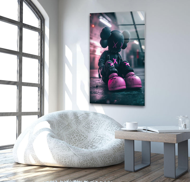 Kaws Grey & Pink Glass Wall Art picture on glass wall art, photos printed on glass
