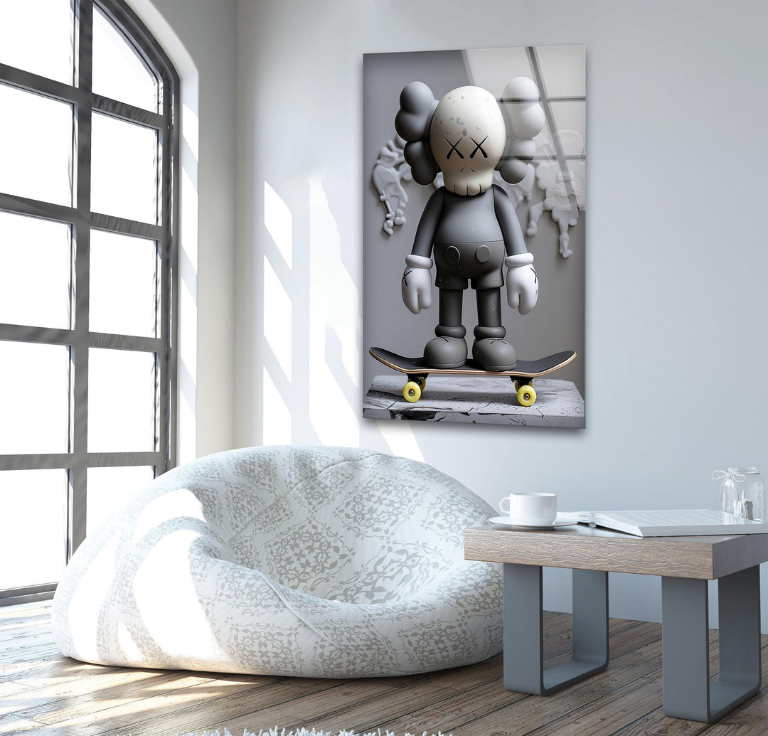 Grey Kaws With Skateboard Glass Wall Art custom glass pictures, glass art prints
