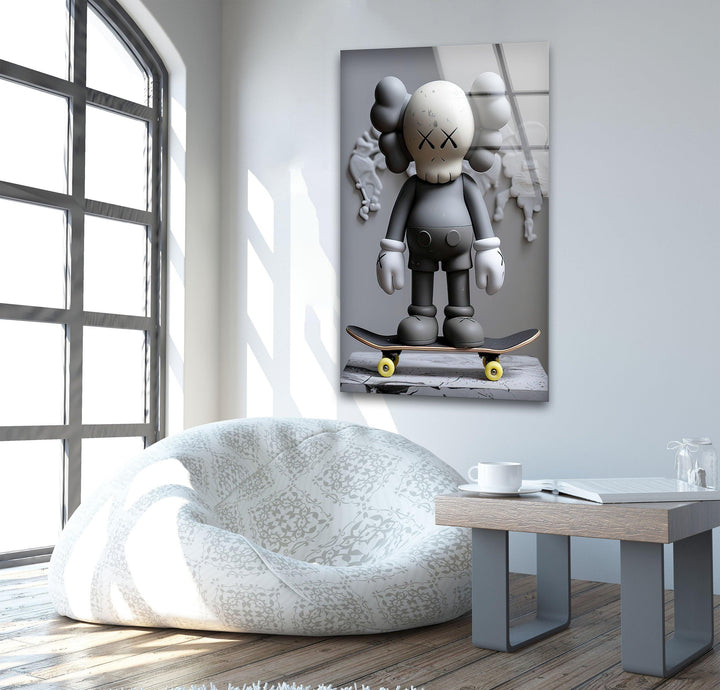 Grey Kaws With Skateboard Glass Wall Art custom glass pictures, glass art prints
