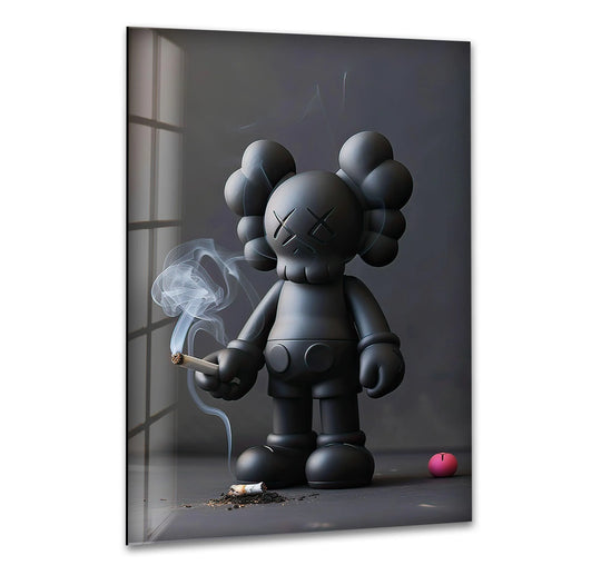 The glass wall art features a Kaws smoking famous painting with bold artistic decor and a durable UV print perfect for modern interiors