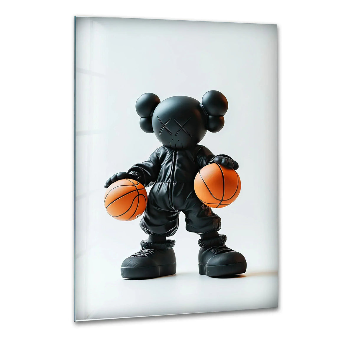 Casting dramatic shadows, the Kaws figure holds basketballs on this best glass art.