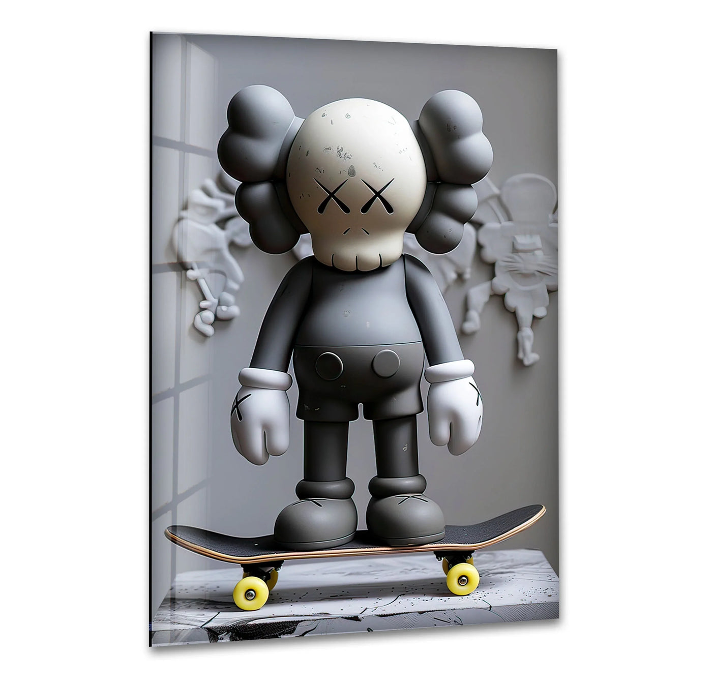 This unique modern wall decor features the iconic Kaws figure on a skateboard, showcasing sharp geometric lines and circular elements.
