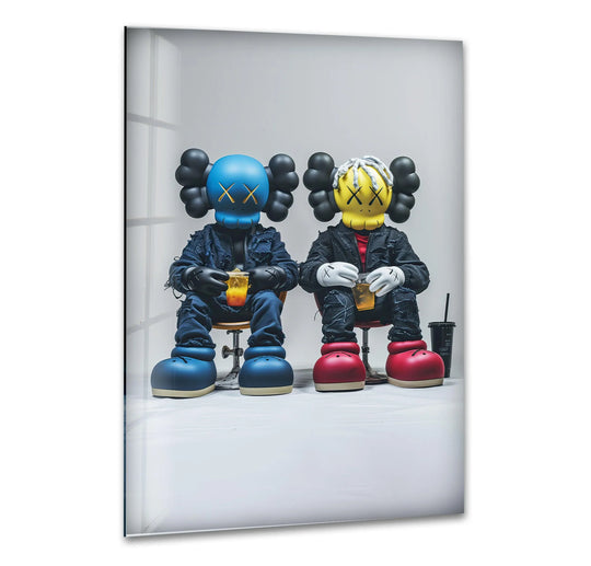 Blue and yellow figures make this famous paintings glass wall art a bold pop style decor accent and fun modern wall art
