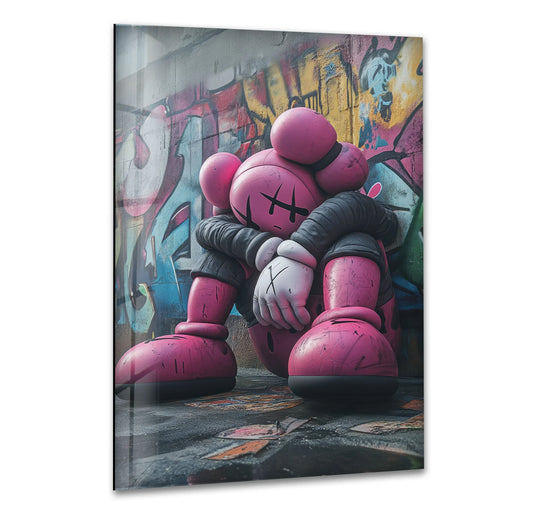 The cool art is sad purple kaws glass wall art and features urban emotion decor and vivid colors from 8K UV printing and reinforced tempered glass masterpiece