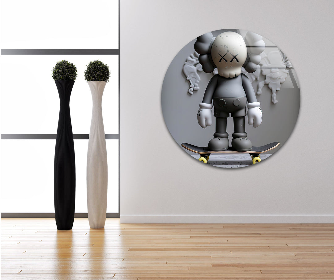 Grey Kaws With Skateboard Glass Wall Art photo print on glass, prints on glass wall art
