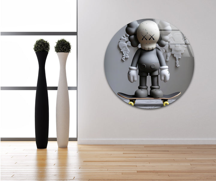 Grey Kaws With Skateboard Glass Wall Art photo print on glass, prints on glass wall art
