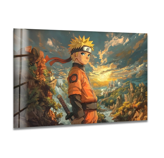 Horizontal anime glass wall art prints featuring a heroic character against a sunset horizon brings a dynamic shape to modern wall décor.