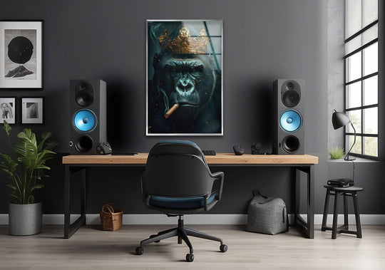 Mafia King Gorilla glass wall art with a metallic border features a regal gorilla adorned with a gold crown, framed by the edge of the glass print.