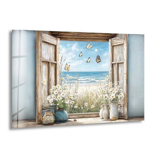 Smooth glass wall art decor highlights the butterfly breeze design, showcasing daisies, an open window, and a serene ocean view.
