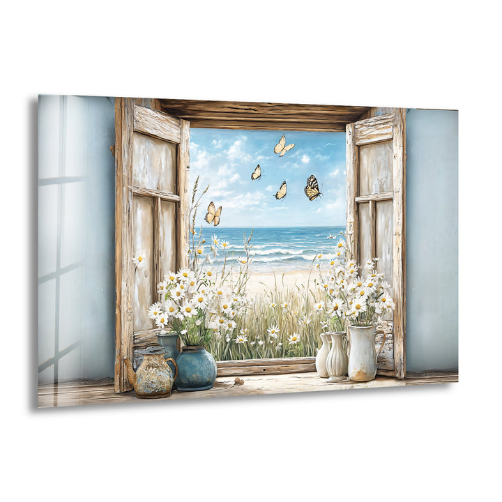 Butterfly Breeze – Window Flower & Ocean View Glass Wall Art