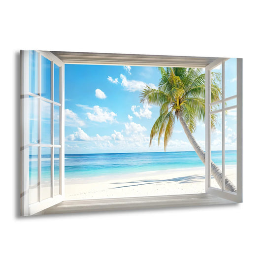 The palm tree in the tropical escape glass wall art invites a sense of serene home decoration with its ocean view and open window framed scene.