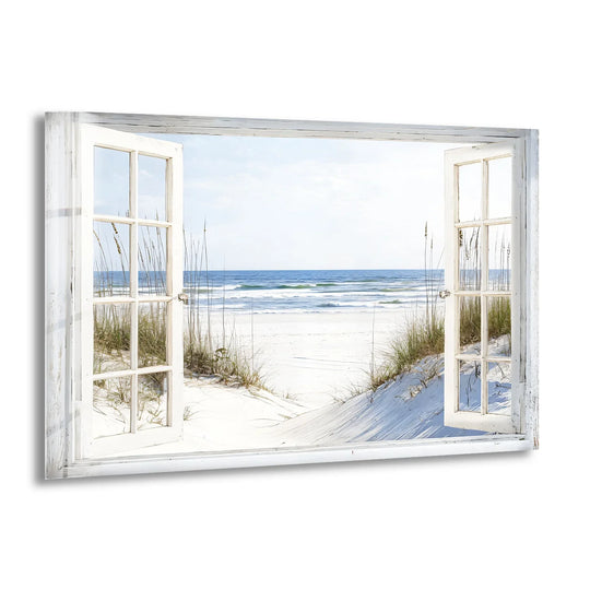 Highlighting the layering effect, the White Sands Serenity showcases glass wall art decor through an open window framing a serene coastal vista.