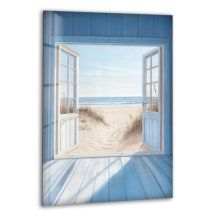 Blue Retreat – Glaswandkunst mit offenem Strandblick