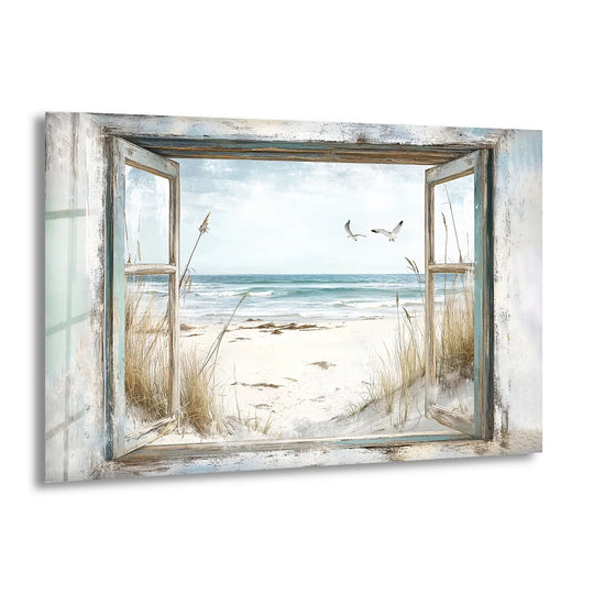 Framed vintage window view reveals seaside freedom, where beach grasses and soaring seagulls meet in this captivating glass art painting wall décor.