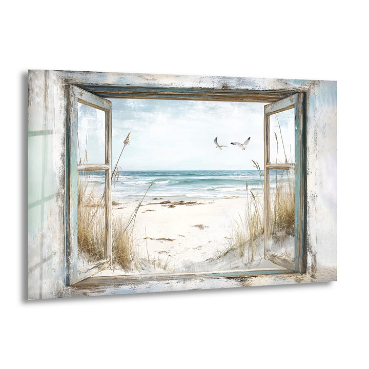 Seaside Freedom – Vintage Window View Glass Wall Art