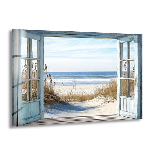 Cool color temperature dominates this ocean breeze escape glass wall artwork, showcasing a serene beach scene through an open window.