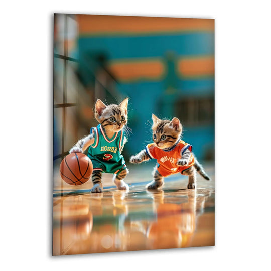 Basketball Player Cats glass wall art shows two kittens in basketball jerseys and it is fun animal art and basketball cats wall decor