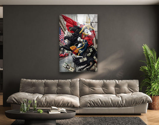 Scrooge McDuck as a knight riding a horse, surrounded by money, is an eye-catching piece of art from glass.