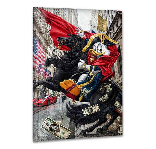 A whimsical knight duck gallops through a bustling cityscape, bringing a mood of ambitious grandeur to your home decor.