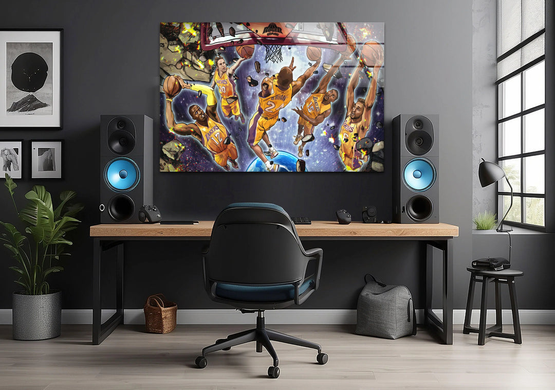 Dynamic Lakers themed artwork showing Kobe Bryant mid-air surrounded by teammates Howard, Nash, World Peace, and Gasol.