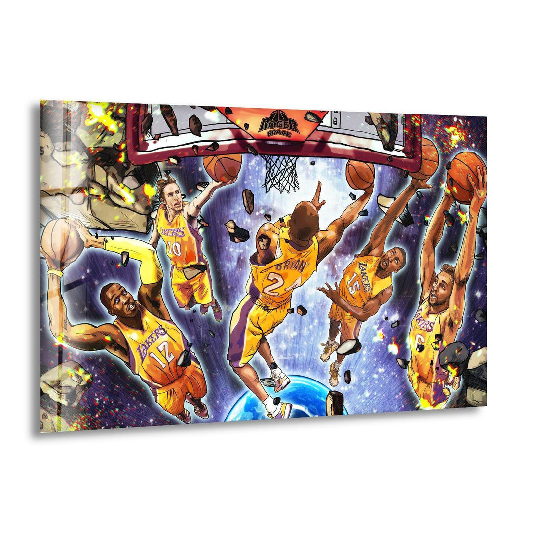 Comic-style glass wall art featuring Kobe Bryant dunking with Steve Nash, Dwight Howard, Metta World Peace, and Pau Gasol around him.
