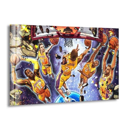Los Angeles Lakers glass wall art shows a cosmic dunk scene and is tempered glass art for sports wall decor and basketball wall art.