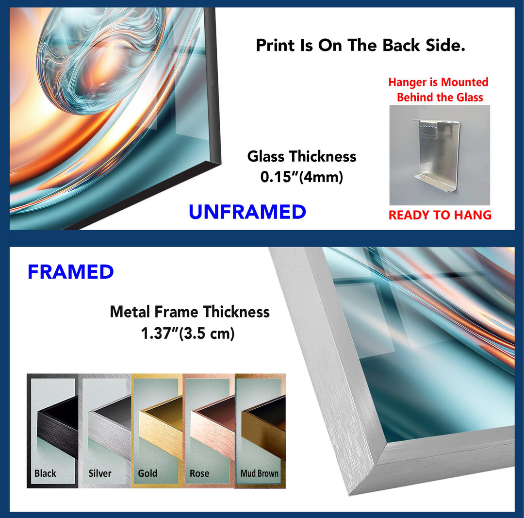 Aqua Ember Orb – Abstract Chrome Wave Glass Wall Art