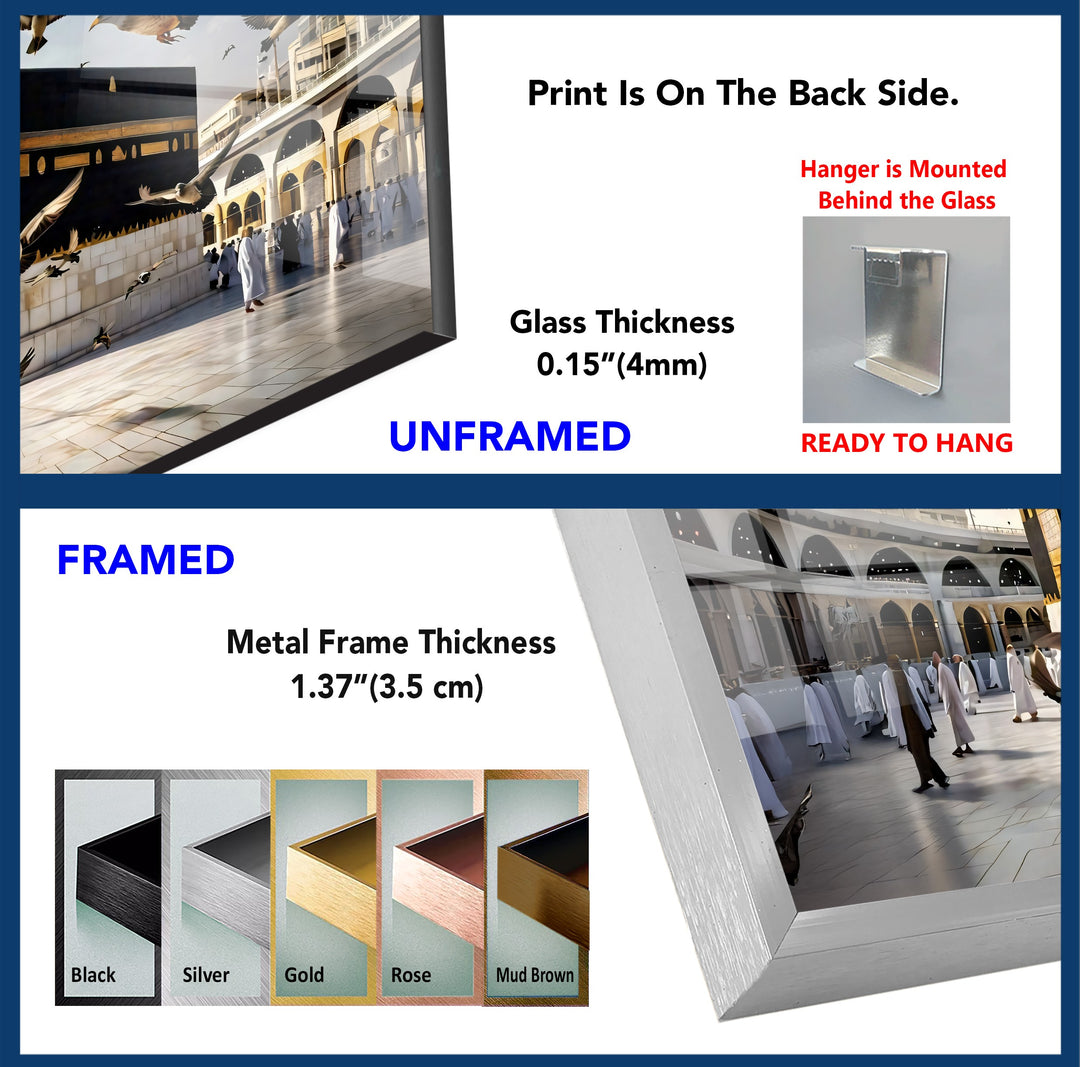 Peaceful Flight – Kaaba with Doves Glass Wall Art