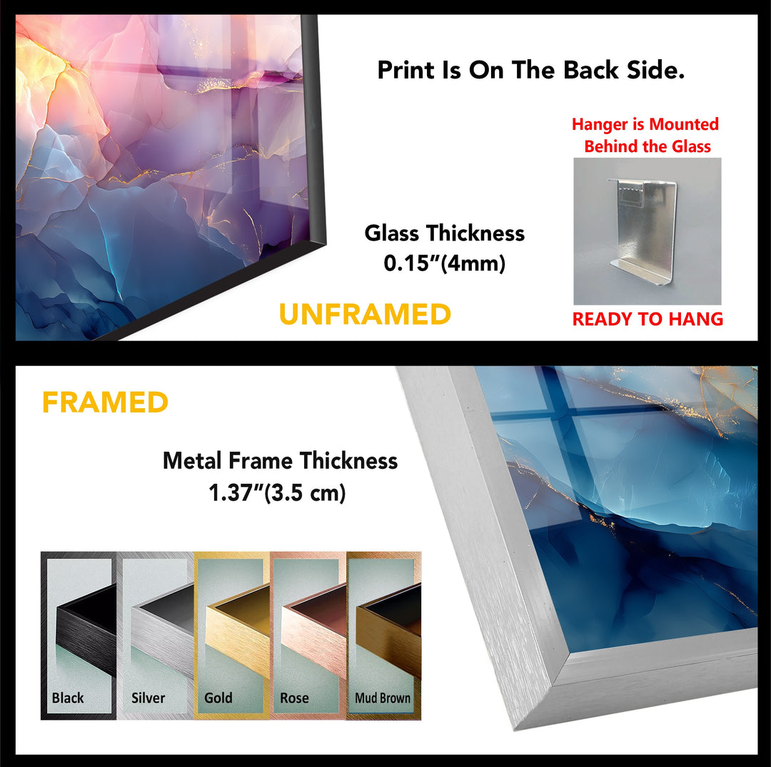 Rectangular hanging wall art with an abstract marble design featuring blue, pink, and gold tones, shown framed and unframed.