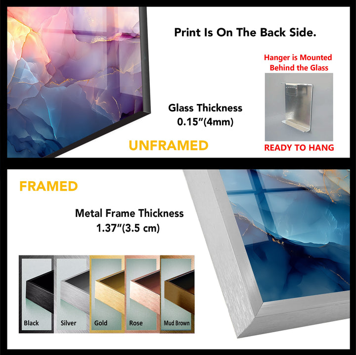 Rectangular hanging wall art with an abstract marble design featuring blue, pink, and gold tones, shown framed and unframed.