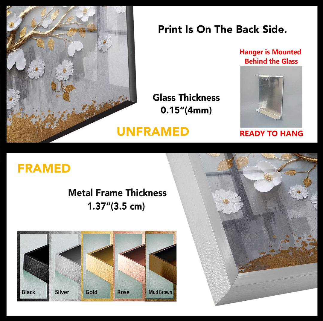 Golden Blossom Tree – Elegant Floral Relief Glass Wall Art