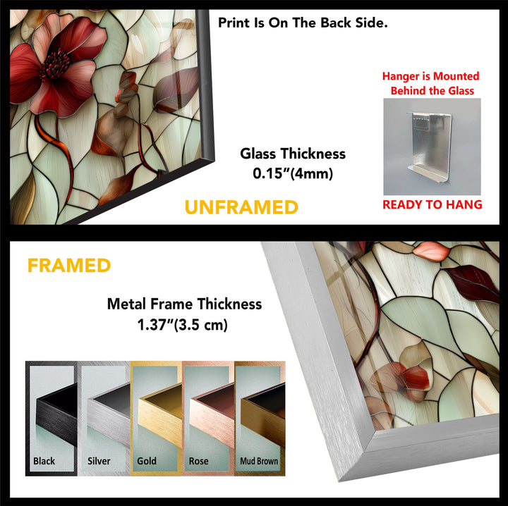 Crimson Bloom Harmony – Stained Floral Glass Wall Art