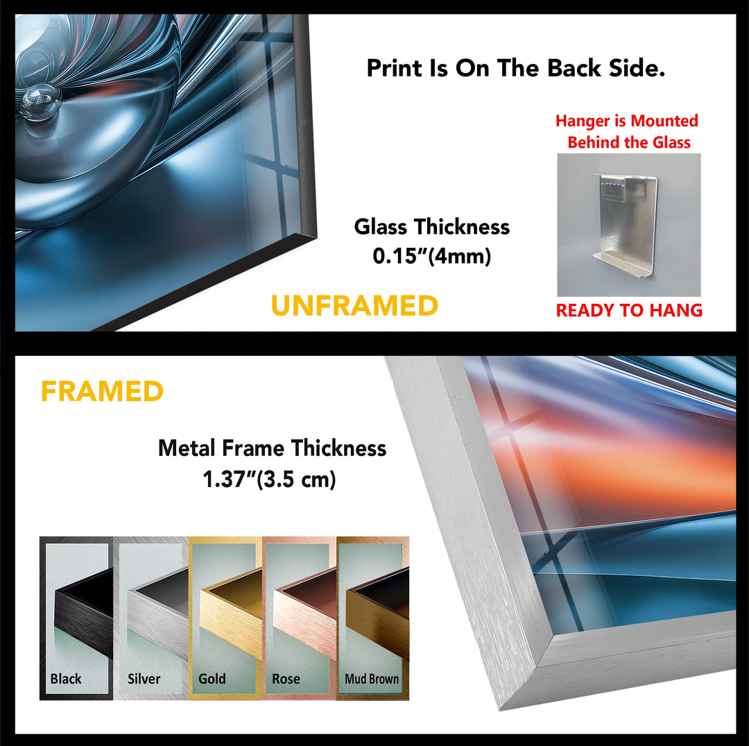 Chromatic Sphere Drift – Abstract Blue Silver Orb Glass Wall Art