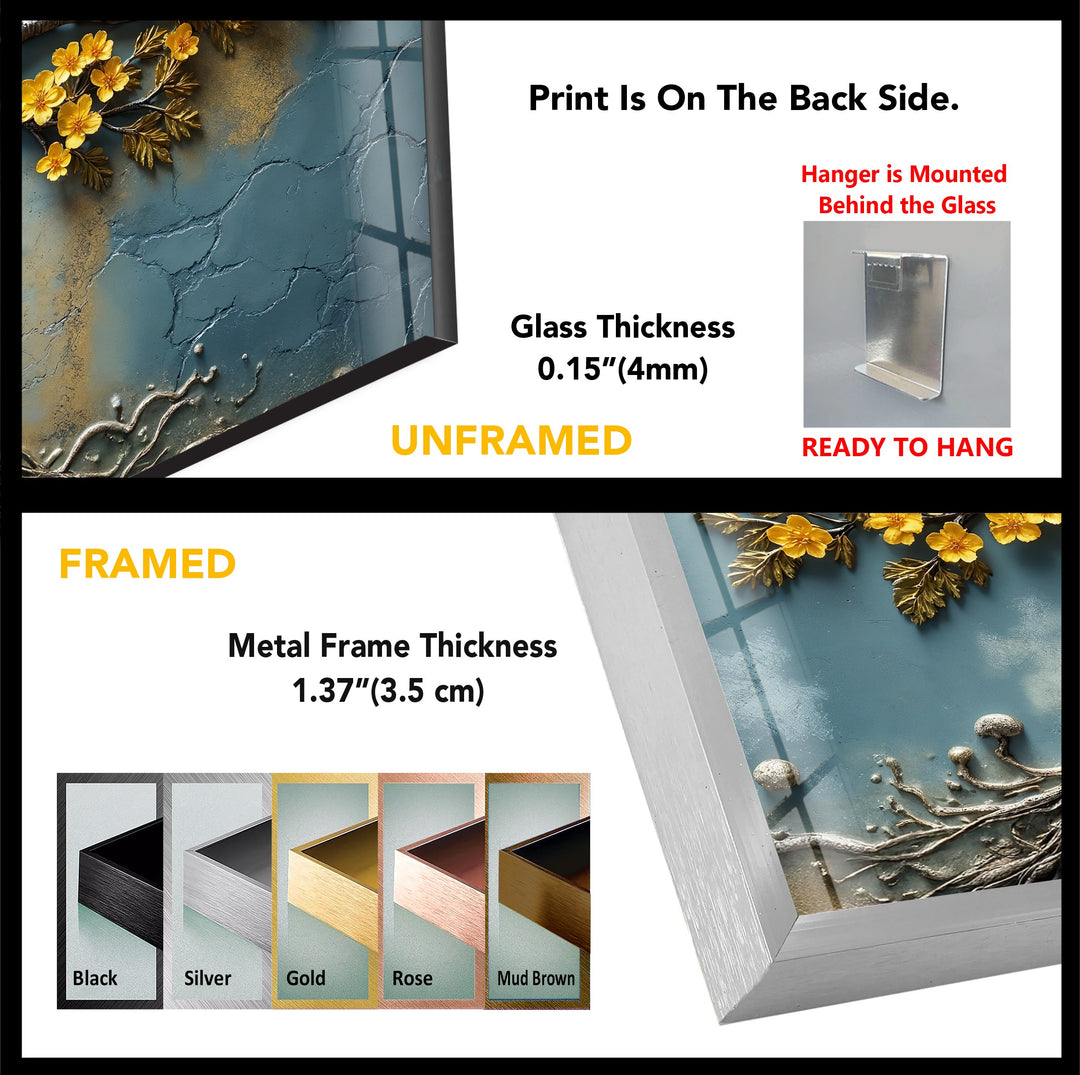 Golden Blossom Roots – Textured Floral Tree Glass Wall Art