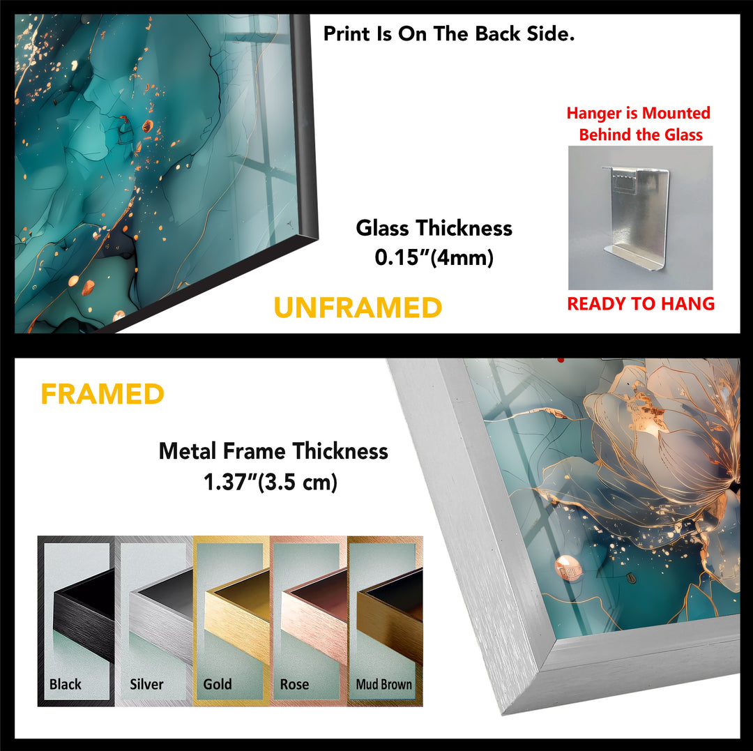 Golden Petals in Aqua Mist – Abstract Floral Glass Wall Art