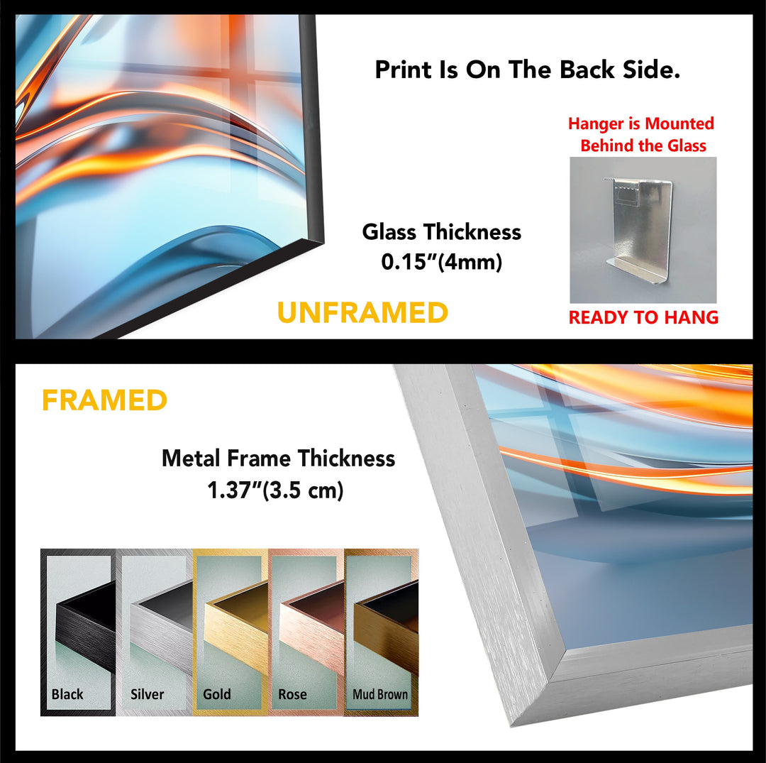 Solar Frost Fusion – Abstract Blue & Orange Chrome Glass Wall Art