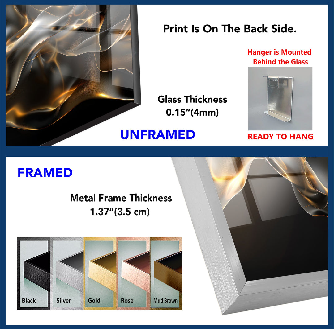 Golden Ember Veil – Abstract Smoke Wave Glass Wall Art