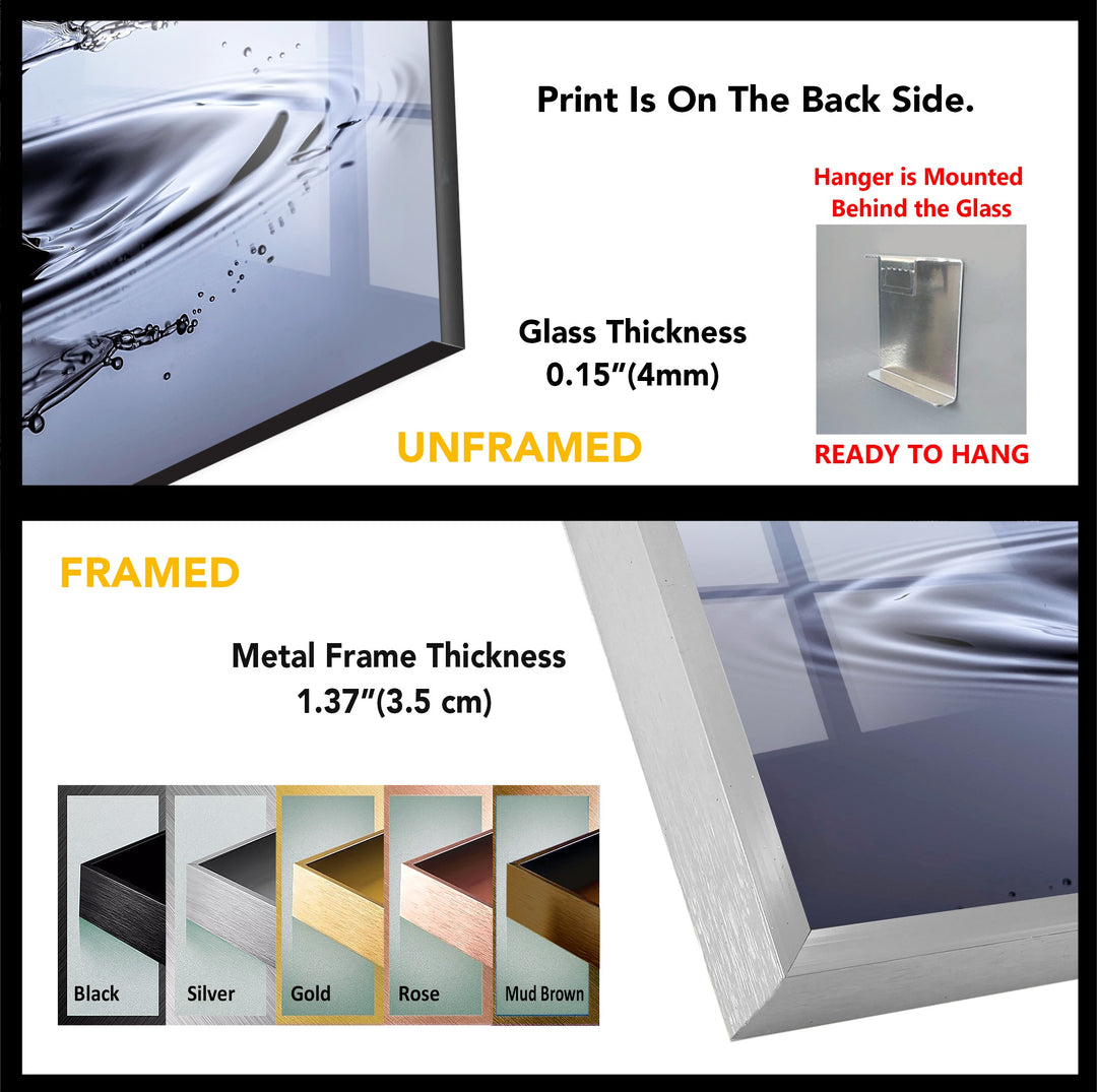 Aqua Impact Moment – Black & Silver Water Splash Glass Wall Art