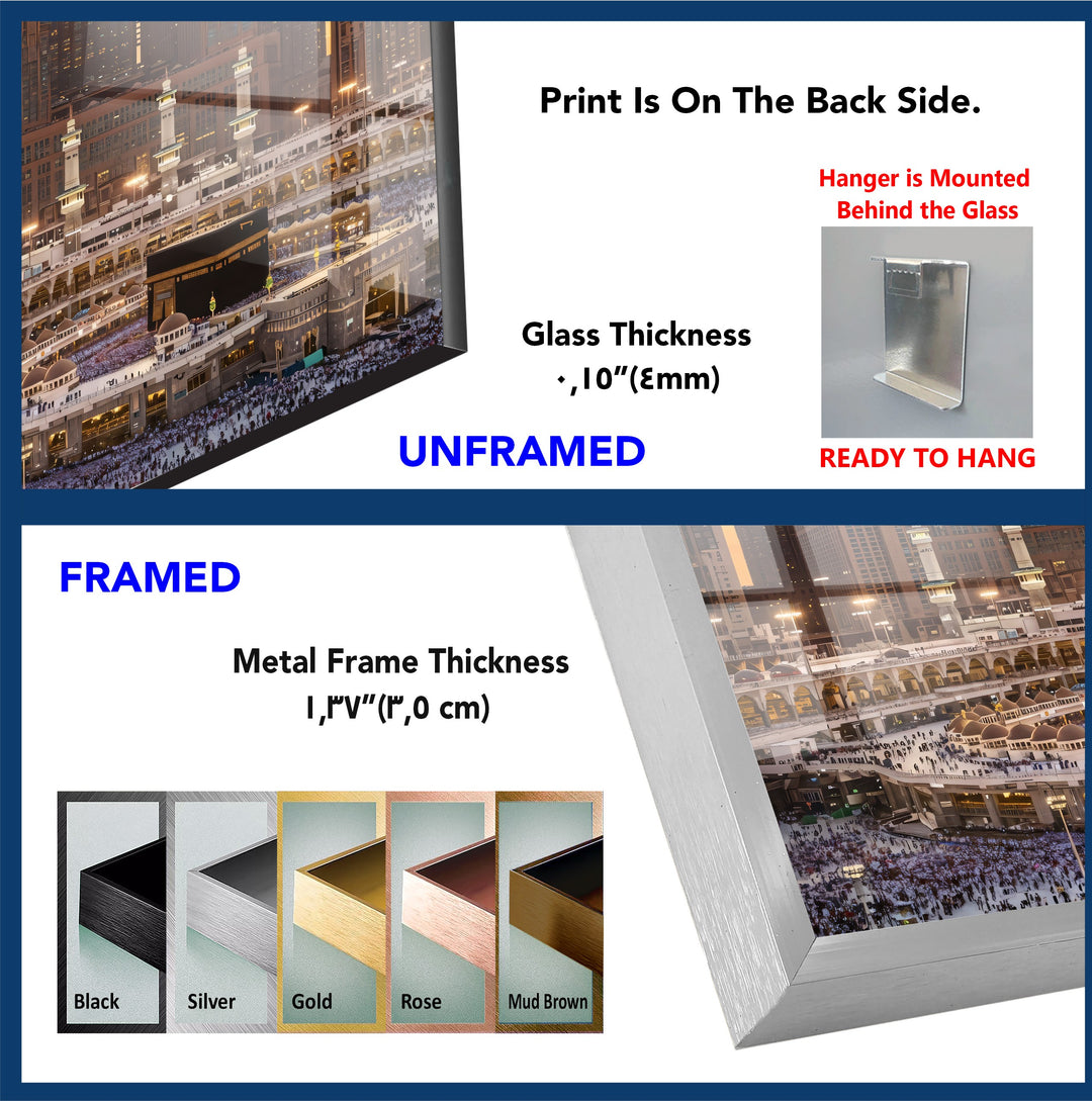 Golden Hour Majesty – Kaaba and Makkah Clock Tower Glass Wall Art