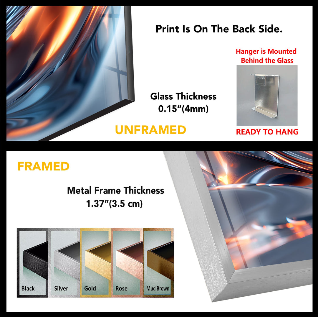 Solar Chrome Surge – Abstract Silver & Ember Flow Glass Wall Art
