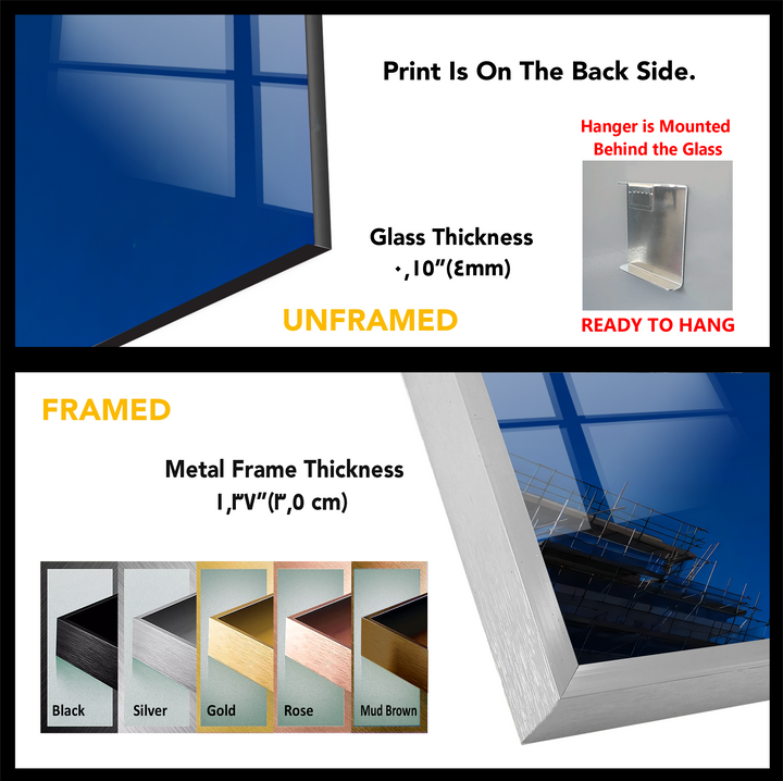 The focal point of this reflective glass print wall art is the deep blue design, showcasing geometric reflections and versatile framing options.