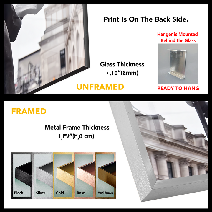 A brushed silver metal frame corner highlights a framed glass wall art print depicting a Banksy flag bearer.