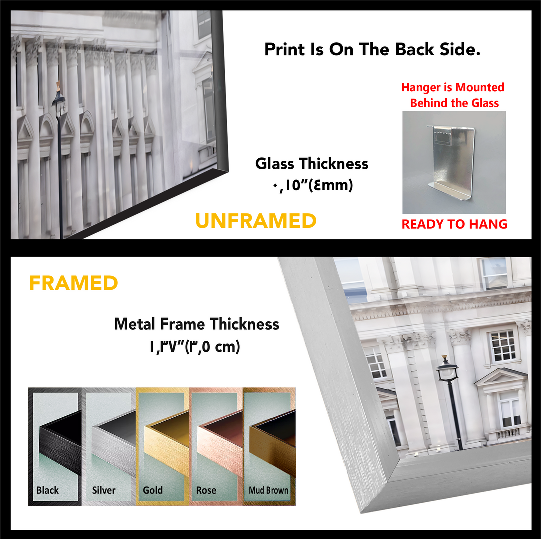 The sophisticated and stately urban mood of a classical London street scene captured as a detailed, ready-to-hang glass art print.