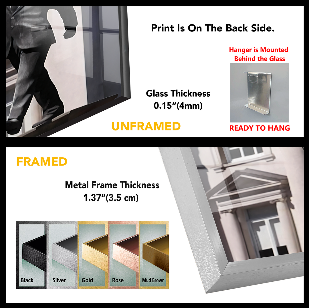 The smooth, reflective surface of Banksy sculpture glass wall art features brushed metal texture on its unique modern wall decor frames.